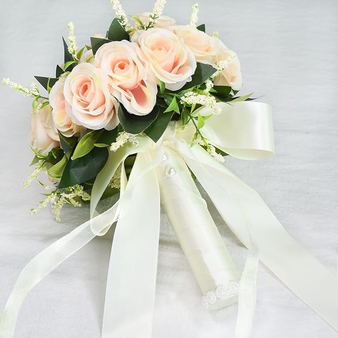 8.3 inch Wedding Bouquets for Bride Bridesmaid Bridal Bouquet Artificial Rose Tossing Bouquet for Wedding Ceremony Party Church (Champagne)