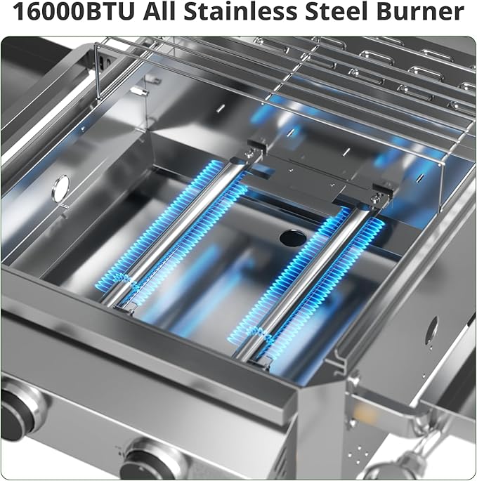 Tabletop Gas Grill, Stainless Steel Portable Propane Grill with Dual Storage Side Platforms – Compact & Powerful 16,000 BTU Dual-Burner BBQ Grill for Garden and Patio Backyard,Camping