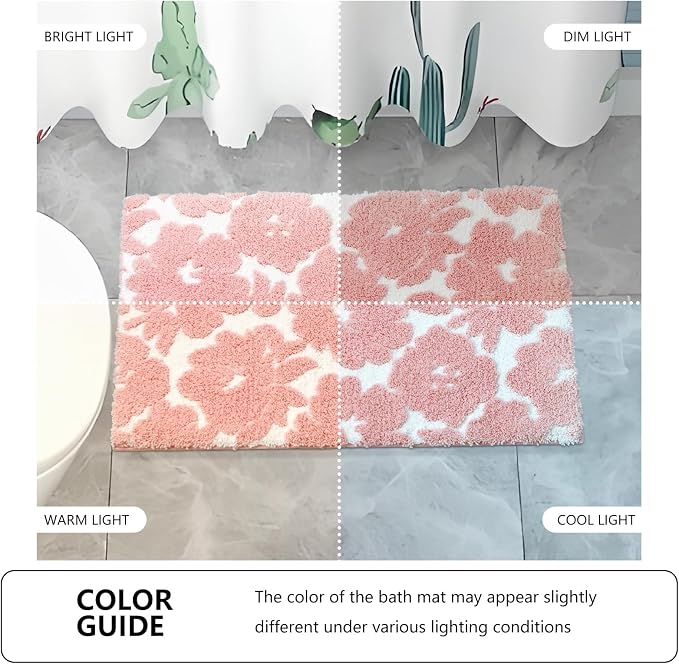 Civkor Pink and White Bathroom Rug, Tufted Flower Bath Mat for Bathroom with Non Slip TPR Backing, Quick Dry Microfiber Surface, Soft and Super Water Absorbent Bath Rug, 31x20Inch