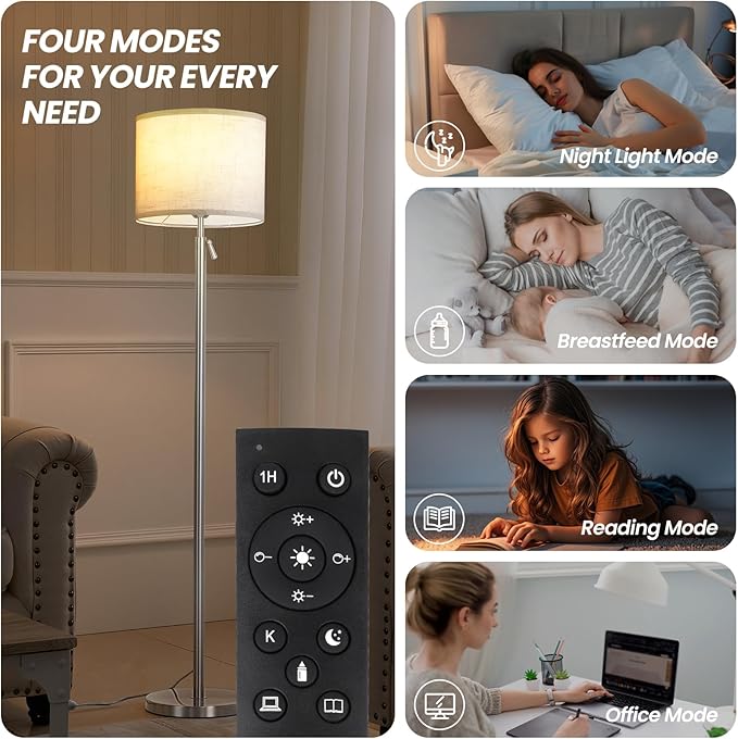 Modern Floor Lamp for Living Room and Bedroom- 55"-67" Height Adjustable Standing Lamps with Dimmable LED Bulb and Remote Control-Bright Tall Stand Light with Shade for Corner Lighting （Silver）
