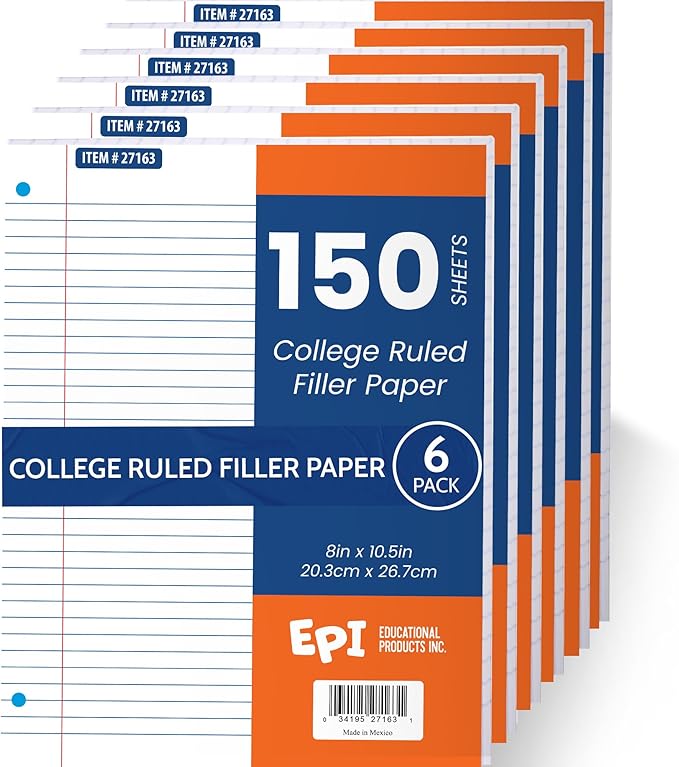 EPI Filler Paper | College Ruled | Loose Leaf, 3-Hole Punched, 10.5 x 8 in, 150 Sheets | School, Office, Notes, Binder Refill - 6 Pack