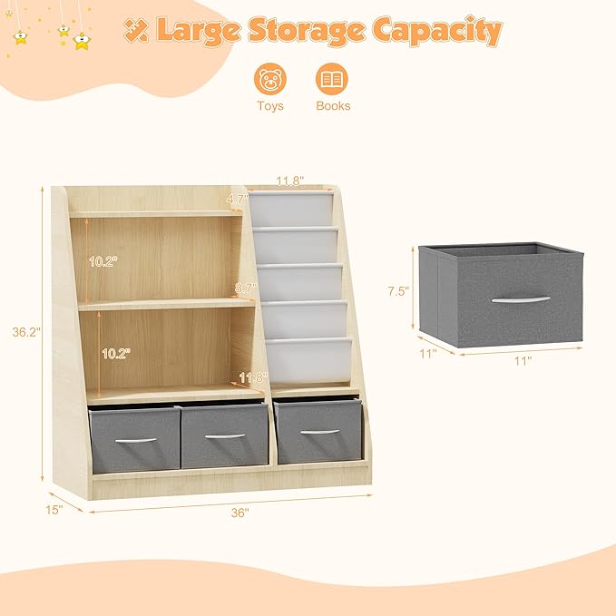 NACHES Kids Bookshelf and Toy Storage Organizer, Montessori Nursery Book Shelves with Sling Rack & Fabric Toy Bins, Children Toddler Baby Bookcase, Wooden Toy Shelf for Kids Room, Playroom, Burlywood