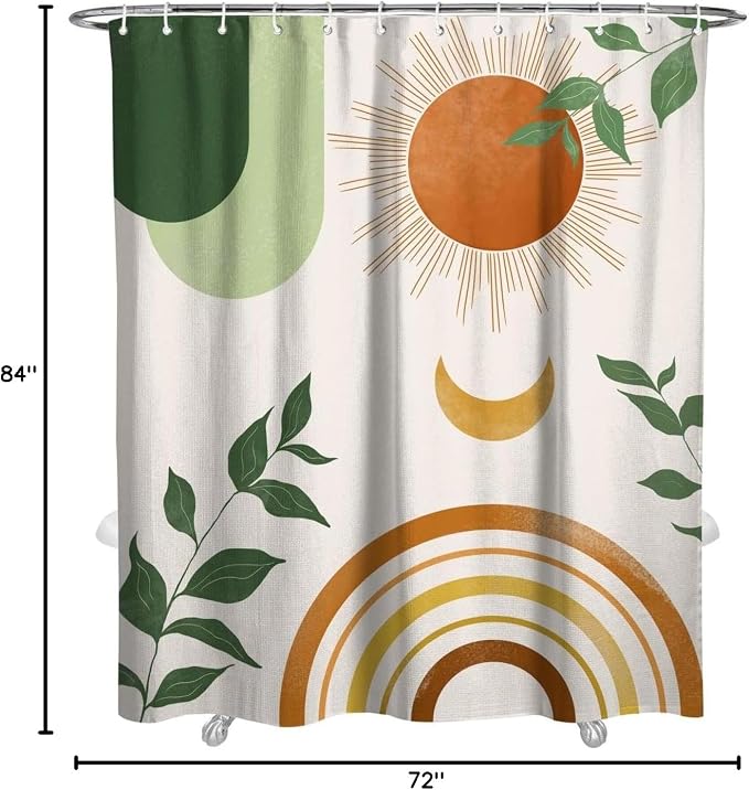 Mid Century Abstract Boho Aesthetic Shower Curtain Set, Green Nature Leaf Sun Modern Minimalist Home Bathroom Curtain Decor with 12 Hooks 72 Inch Wide * 84 Inch High