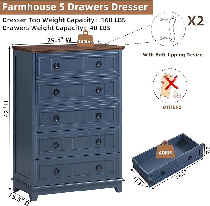 Farmhouse 5 Drawer Dresser for Bedroom Set of 2, 42" Tall Small Dressers & Chest of Drawers, Rustic Wood Dresser with Metal Handle, Storage Organizer Closet for Living Room, Hallway,Entryway