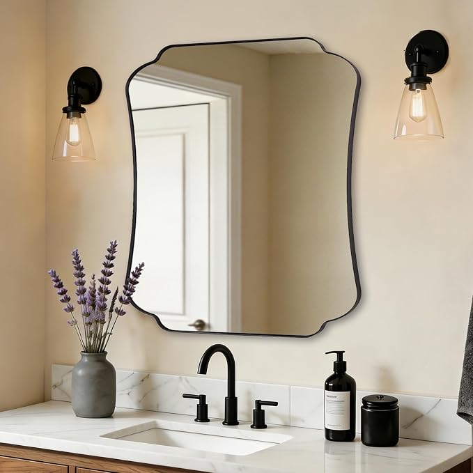 ANDY STAR Bathroom Vanity Mirror, 24x32 Matte Black Rectangle Mirror with Scalloped Round Corner, Vintage Asymmetrical Metal Wall Mirror for Entryway, Living Room
