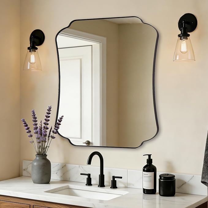 ANDY STAR Bathroom Vanity Mirror, 24x30 Matte Black Rectangle Mirror with Scalloped Round Corner, Vintage Asymmetrical Metal Wall Mirror for Entryway, Living Room