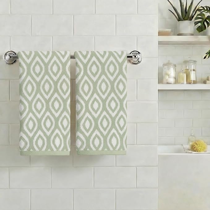 Artoid Mode 2 Pcs Beige Green Diamond Grid Jacquard Hand Towels for Bathroom, 100% Cotton Soft Absorbent Bathroom Decor Towels, 13.7 x 29.5 Inch