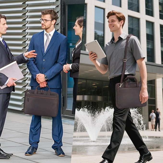 Leather Slim Briefcase for Men 15.6" Laptop Crossbody Messenger Bag Business Work Lawyer Attache Case
