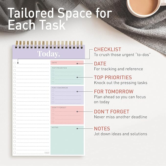Sweetzer & Orange Daily & Weekly To Do List Notepad – Undated Work Planner & Organizer with Wish List Section, 52-Sheet Coiled Task Pad for Productivity – MAUVE To Do List Notebook for Work
