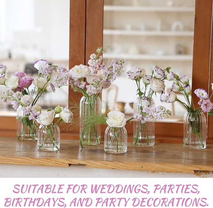 Bud Vases in Bulk Set of 6, Glass Small Vases for Flowers, Modern Cylinder Ribbed Vases for Wedding Centerpiece, Living Room Decorative, Home Decor