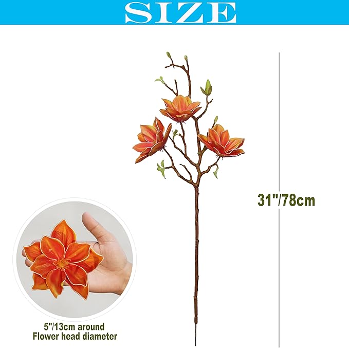 3pcs Artificial Magnolia Flower Branches, 31 Inch Long Stem Faux Floral, Premium Faux Bloom for Home Decor, Centerpieces, and Wedding Arrangements, Orange