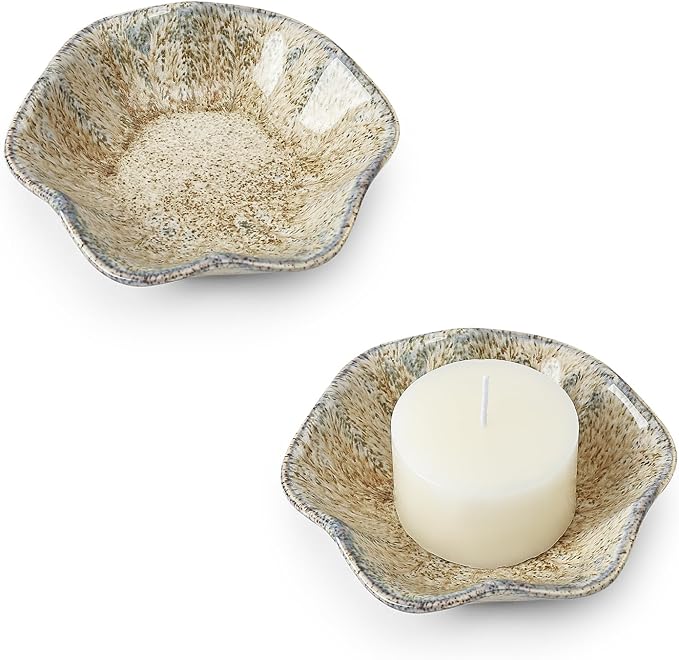 Koythin 2-Piece Ceramic Candle Holder, Aesthetics Candlestick Holders for Tea Lights, Lotus Leaf Shape Candle Stand for Mantle Table, Adorable Vintage Decor for Weddings Dining (Khaki)