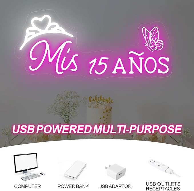 Mis 15 Anos Neon Sign, Sweet 15 Quince Party Sign with Dimmer Switch, Birthday Party Decor, Quinceanera Party Sign, Preppy Room Decor,Birthday Party Home Decorations, Mitzvah Gift-Pink-16"x7.09"