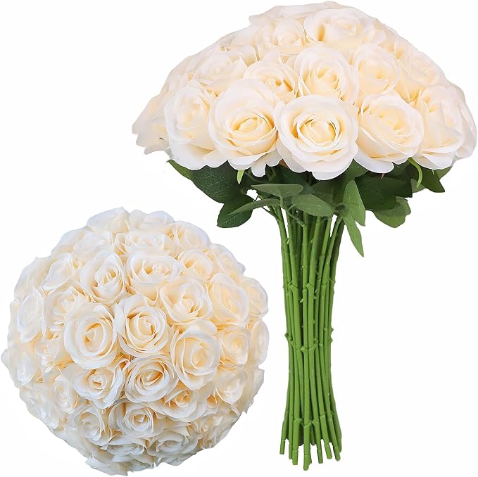 Artificial Rose Flower Artificial Flowers Flower with Long Stem Silk Roses Bouquet for Wedding Bridal Shower Party Home Decoration (Champagne, 30 Pcs)