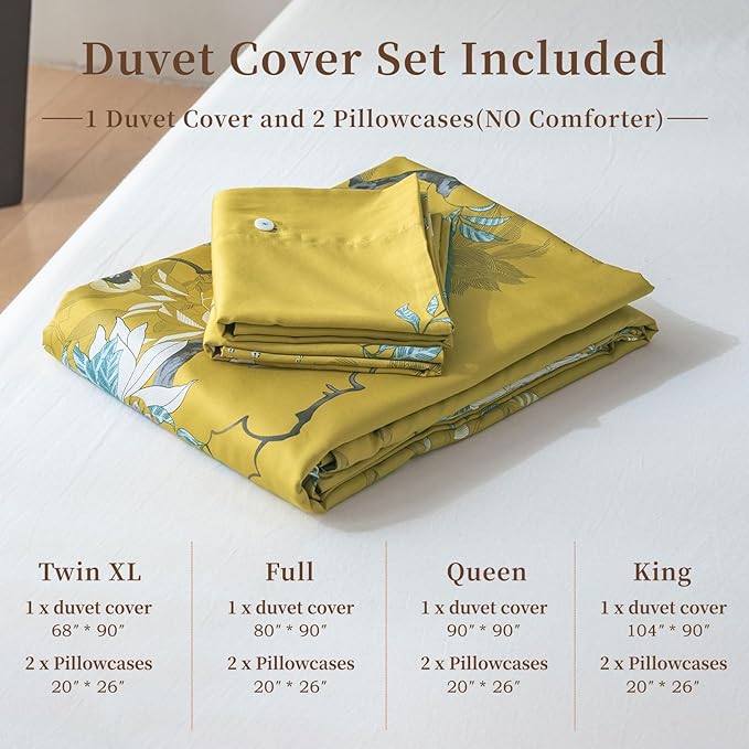 EAVD Cute Birds Duvet Cover Twin XL Cotton Floral Duvet Cover Set Yellow Bedding Set with Garden Tree Branches Flowers Birds Pattern Reversible Design Girls Duvet Coveer with Zipper Closure