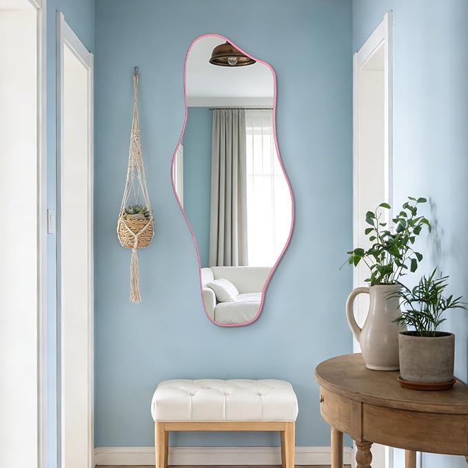 Large Irregular Mirror, 60"x24" Pink Asymmetrical Tempered Glass Mirror, Modern Organic Shape Frameless Mirrors for Entryway Hallway Bedroom Living Room, Horizontal or Vertical Hanging