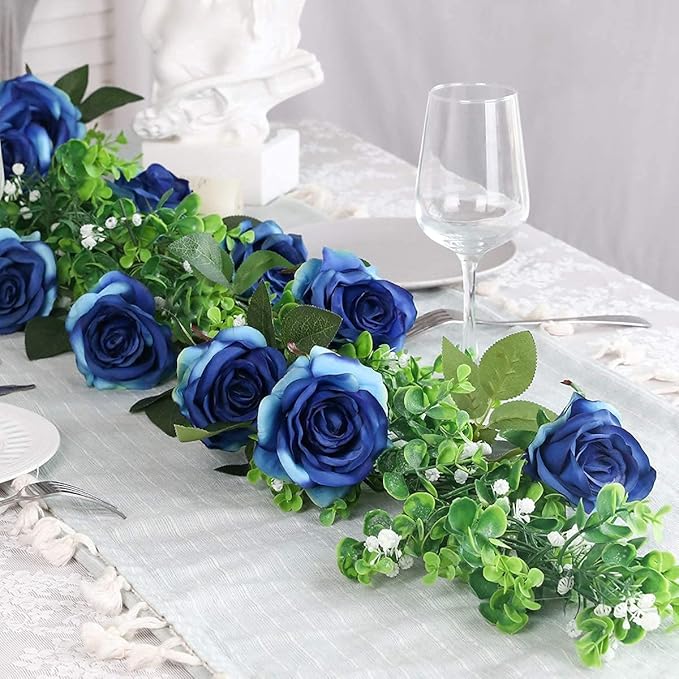 Kisflower 12Pcs Gradient Blue Roses Artificial Flowers, Realistic Single Stem Flowers Silk Rose Bouquet for Wedding Party Office Home Decor (Gradient Blue)