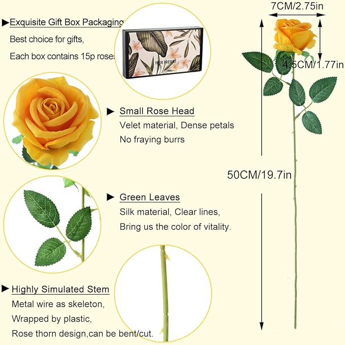 15Pcs Pearl Yellow Roses Artificial Flowers Fake Roses Long Stem Velet Rose Silk Flowers for Home Wedding Decoration (Pearl Rose,Yellow)