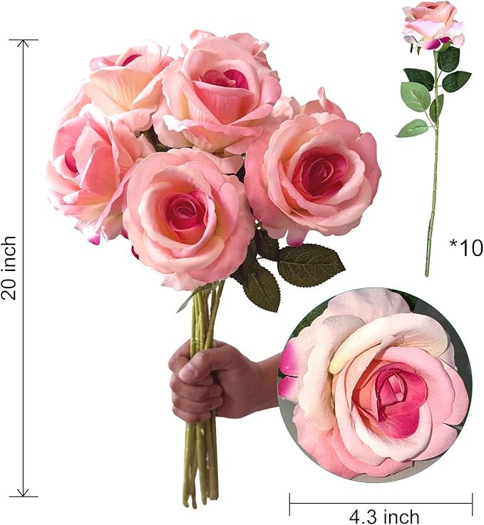 10 Pcs Artificial Rose Bouquets in a Set Faux Flowers with Flannel and Silk-Like Touch Highly Realistic Handmade Ideal for Home Office Wedding Hotel Decorations as Well as Festival Party (Pink)