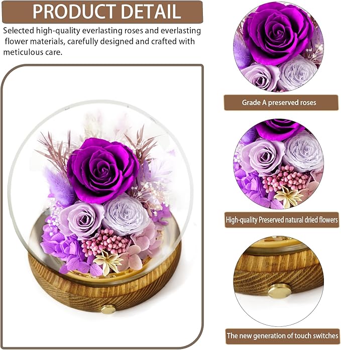 Preserved Real Rose Flowers in Glass Dome with LED Lights,Real Rose Flowers Unique Floral Gift for Girlfriend Mom Wife Girlfriend on Christmas Birthday Anniversary (Aurora Purple)