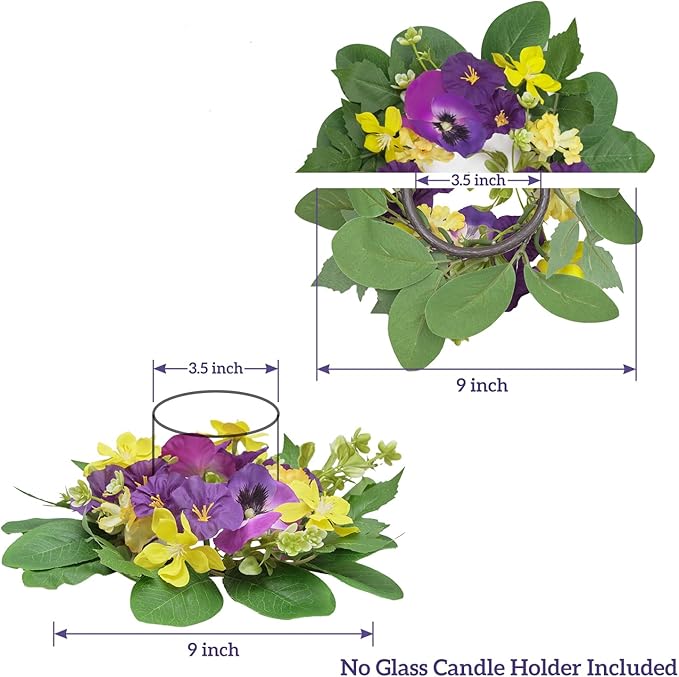 WELL KNOWN 2 Pcs Mini Spring Floral Candle Rings Wreaths for Pillars Home Table Window Decor, 9 Inches Artificial Flower Cabinet Wreath for Kitchen Farmhouse Wedding Party (Purple Morning Glory)