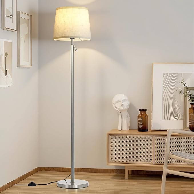 Modern Floor Lamp for Living Room and Bedroom- 55"-67" Height Adjustable Standing Lamps with Dimmable LED Bulb and Remote Control-Bright Tall Stand Light with Shade for Corner Lighting （Silver）