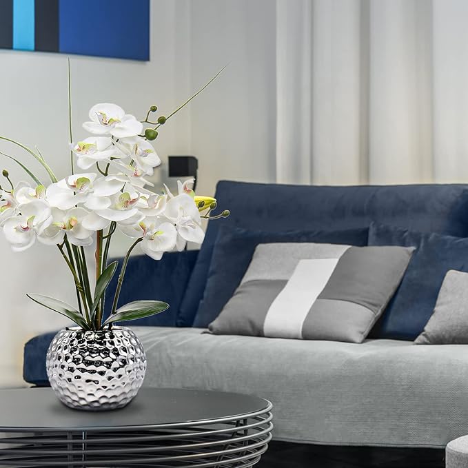 Oairse Artificial White Phalaenopsis Orchid Flower Arrangements 20.8" Faux Orchid Flower in Silver Pot Orchid Centerpiece for Dining Room Table