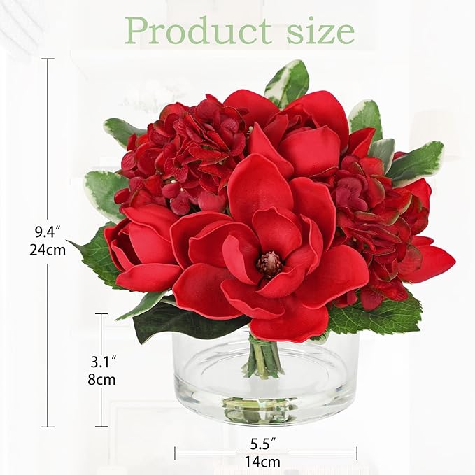 Briful Artificial Magnolia and Hydrangea Flower Arrangement in Glass Vase 9.4" Realistic Red Silk Fake Flower with Faux Water Fake Floral Centerpieces for Home Room Office Table Shelf Décor
