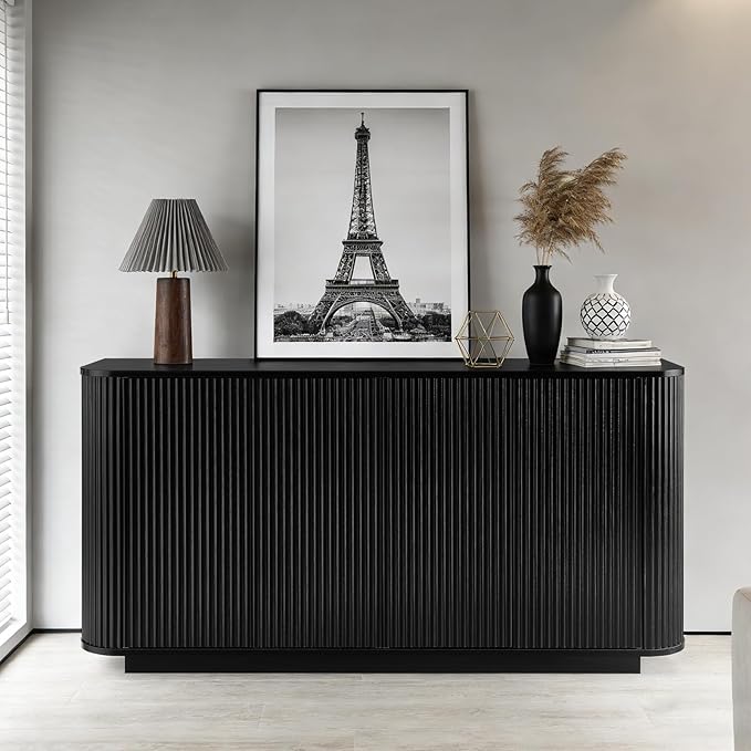 64" Sideboard Buffet Cabinet with Storage, Modern Fluted Accent Credenza with Adjustable Shelves, Wood Media Console Coffee Bar Table for Living Room Kitchen Dining Room, 31.5" H, Black