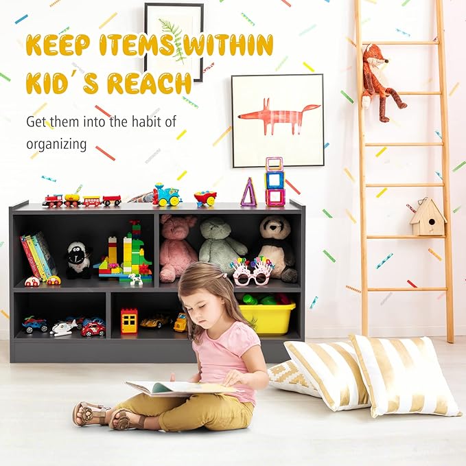 KOTEK Toy Storage Organizer, 5 Cubby Kids Bookshelf, Wooden 3-Tier Bookcase Storage Cabinet, Open Display Book Shelf for Daycare, Nursery, School Classroom, Playroom & Living Room (Grey, 5 Cubes)