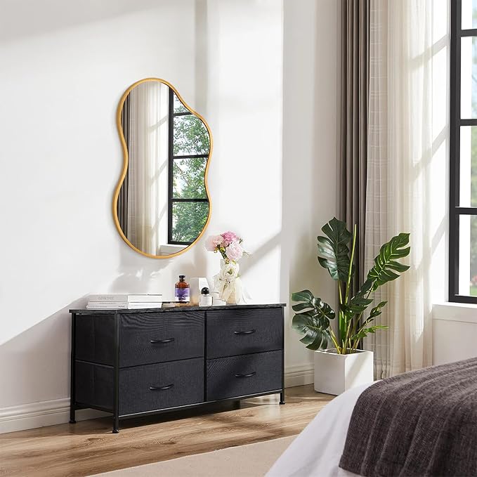 Irregcular Wall Mirror 26"x16" Gold Asymmetrical Bathroom Mirror Metal Framed Modern Decorative Vanity Mirrors for Bedroom Living Room Entryway