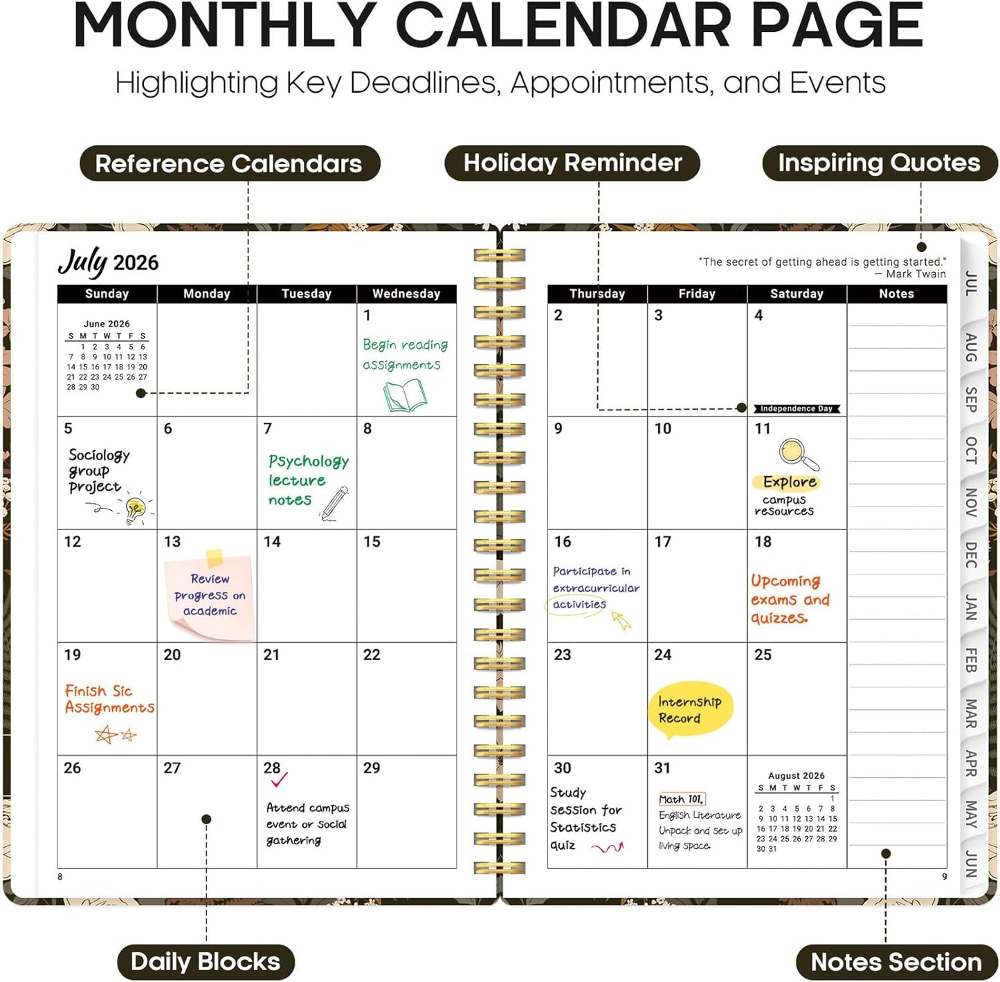 Wild Rose Academic Planner 2026-2027 | Monthly & Weekly Calendar, 8.5" x 11", Hardcover Agenda with Tabs