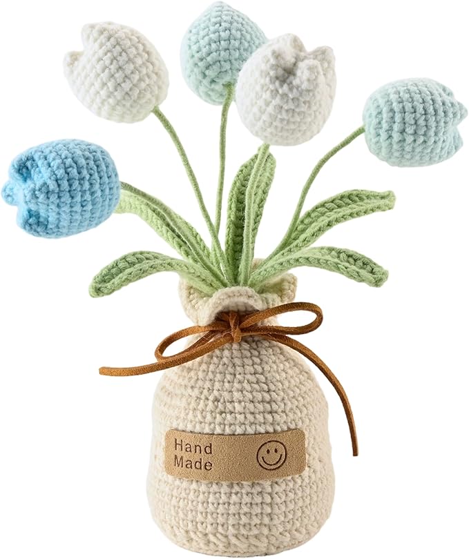 Crocheted Tulips, Hand-Woven Potted Plants, Permanent Tulips, Used for Creative DIY Table Decoration, Birthday Gift ，Graduation Ceremony, Christmas and Thanksgiving (5 Flowers-Blue)