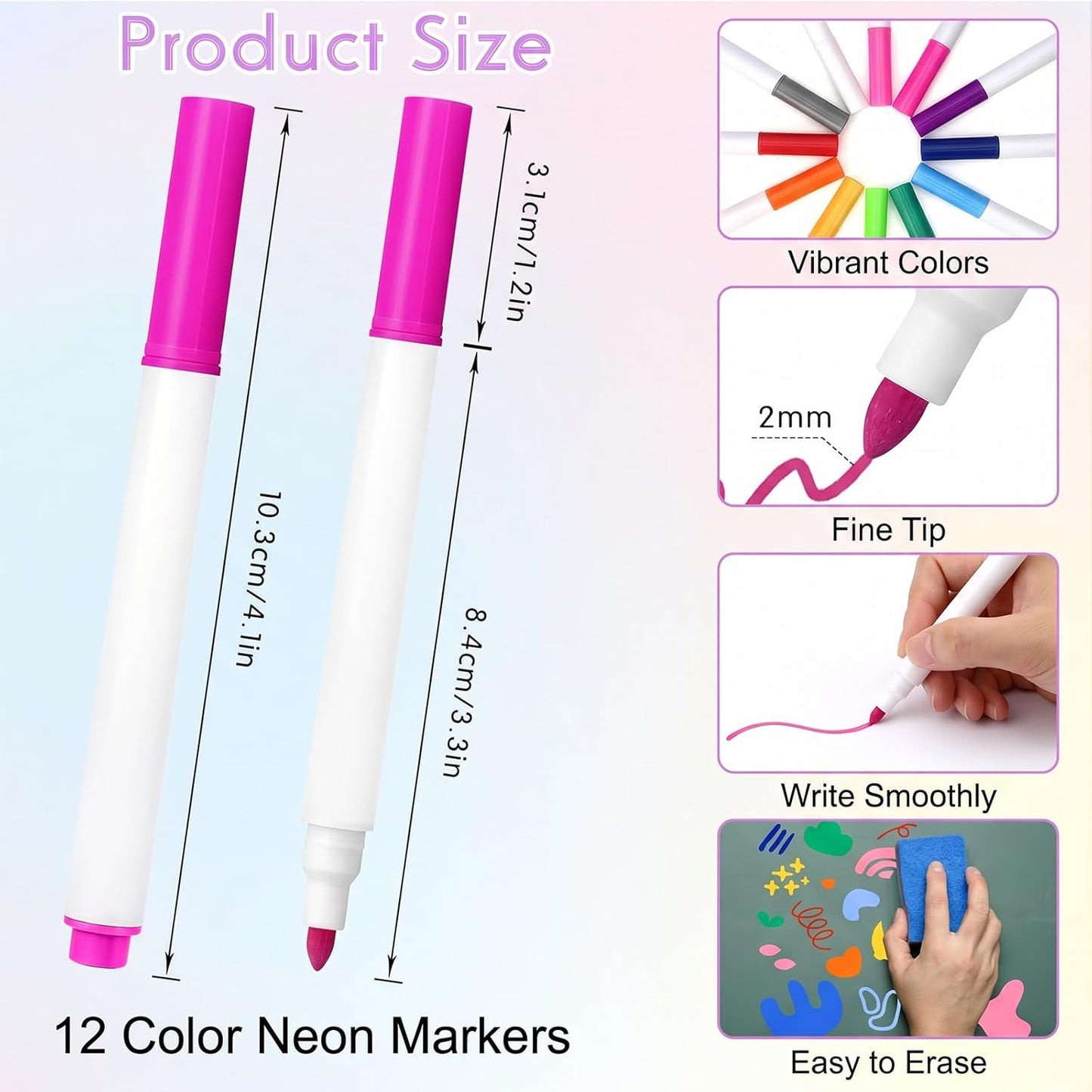Skiennix Neon Dry Erase Markers - 12 Pcs Light-Up Acrylic Color Pens for LED Message Boards