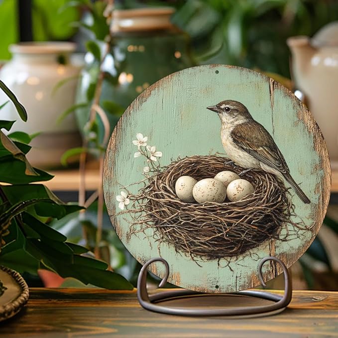 Vintage Bird and Egg in Nest Round Aluminum Sign, 7.98x7.98 Inch Farmhouse Wall Decor with Pre-Drilled Holes, Durable Garden Yard Art for Home,Halloween & Christmas Gifts, Outside Decor