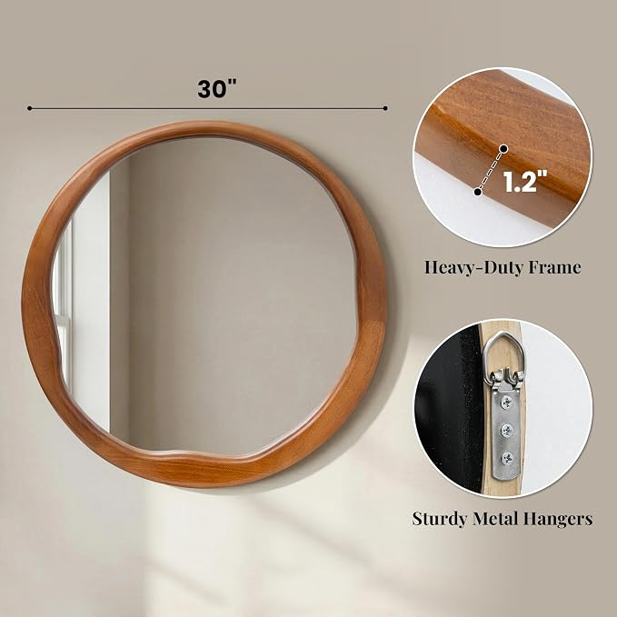 Walnut Round Wall Mirror 30 Inch, Large Solid Wood Framed Mirror with Wavy Inner Edge, Mid-Century Decor for Living Room, Dining Room & Entryway