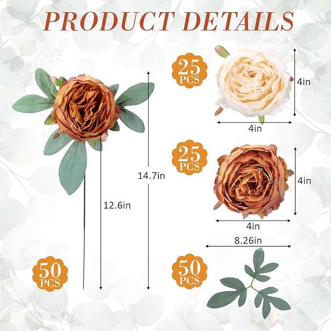Zeyune 50Pcs Wedding Artificial Peonies 4 Inch Fake Silk Peony Faux Artificial Valentine Flower Bulk Rose Flower Head for Valentine Decoration Vintage Wedding Home Office(Orange and Milky White)