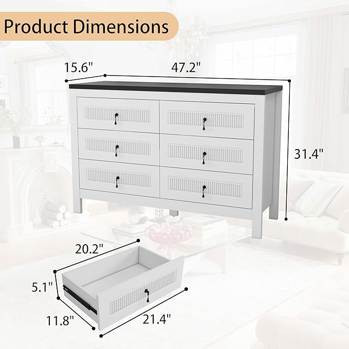 White Dresser for Bedroom Modern: 47" Fluted 6 Drawer Dresser for Closet, Wide Wooden Bedroom Chest of Drawers, Deep Wood Dressers & Chests of Drawers(White)