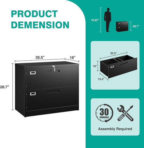 SISESOL Lateral File Cabinet - 2 Drawer Lockable Metal Design in Black | Fits A4, F4, Letter, Legal Files