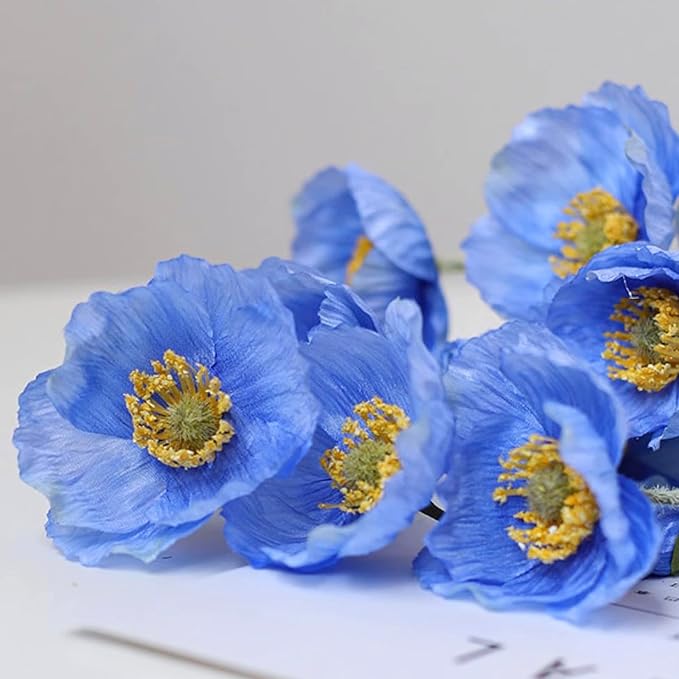 Artificial Flowers 6 Stems Poppy Silk Bouquet,for Wedding, Home, Party Decoration,Table Centerpiece Arrangement(Blue)
