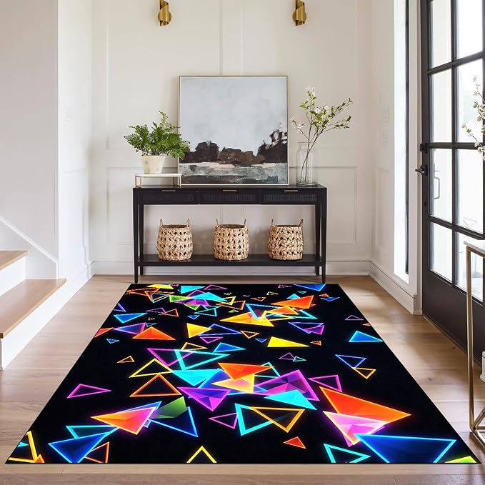 Triangle Area Rug 3'x5' Blacklight Glow in The Dark Geometric Rug Non-Slip Washable Colorful Neon Light Floor Mat for Entryway Bedroom Living Room Nursery Kitchen Playroom Home Decor