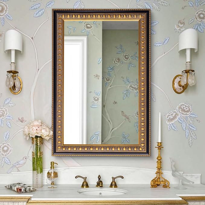 Vintage Mirror for Wall, 36" L x 24" W Baroque Mirror with Carved Wood Frame and Handmade Aged Gold Finish, Horizontal/Vertical Hanging, Rectangular Mirrors for Living Room Bathroom Fireplace