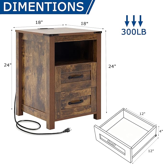 Farmhouse Night Stand Set of 2, Rustic Brown Nightstand for Bedroom, End Tables with Charging Station, Bedside Table with Drawers, Wood Bedside Cabinet Dresser
