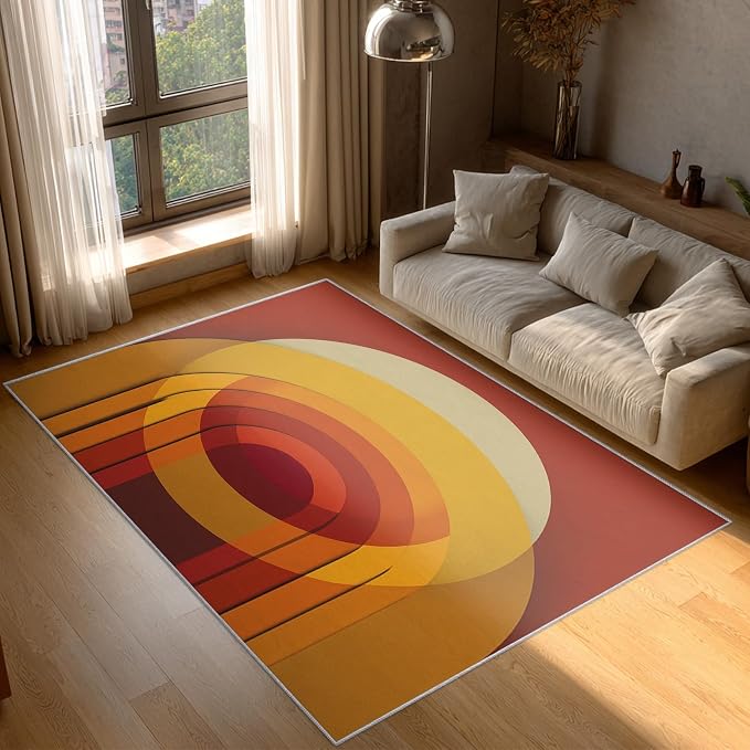 Mid Century Modern Rugs for Home Decor, 8x10 ft, Abstract Circle Area Rugs for Living Room, Soft Non Slip Washable Retro 70s Geometric Carpet Bedroom Decorations Dt-Ghf-69