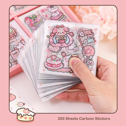 Doraking Kawaii Cute Animal Stickers - 200 Sheets Vinyl Transparent Flower Stickers for Journaling & Scrapbooking
