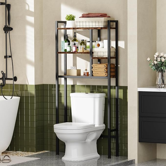 Asgolion Over-The-Toilet Storage Rack, 3-Tier Bathroom Shelves Over Toilet, Above Toilet Storage, Behind Toilet Bathroom Organizer, Space Saver, Freestanding, Rustic Brown