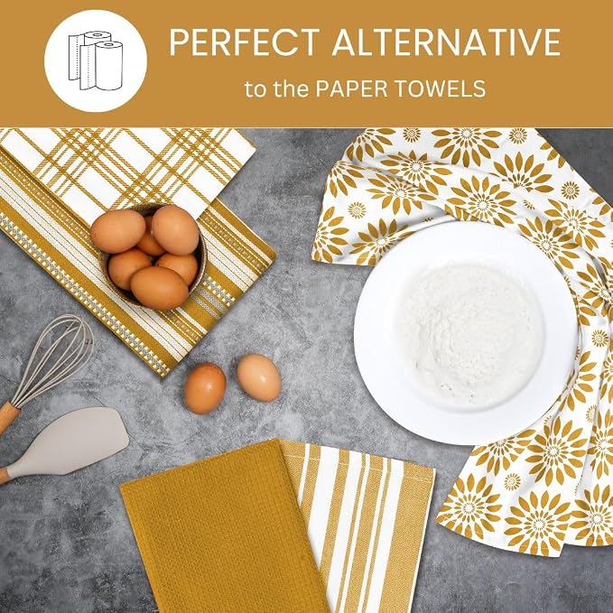 Assorted Kitchen Towels Large 16x26 inches 100% Cotton Set of 5 - Soft Absorbent Washable Tea Towel for Kitchen - Dish Cloths with Hanging Loop - Quick Drying Towels Yellow Mustard
