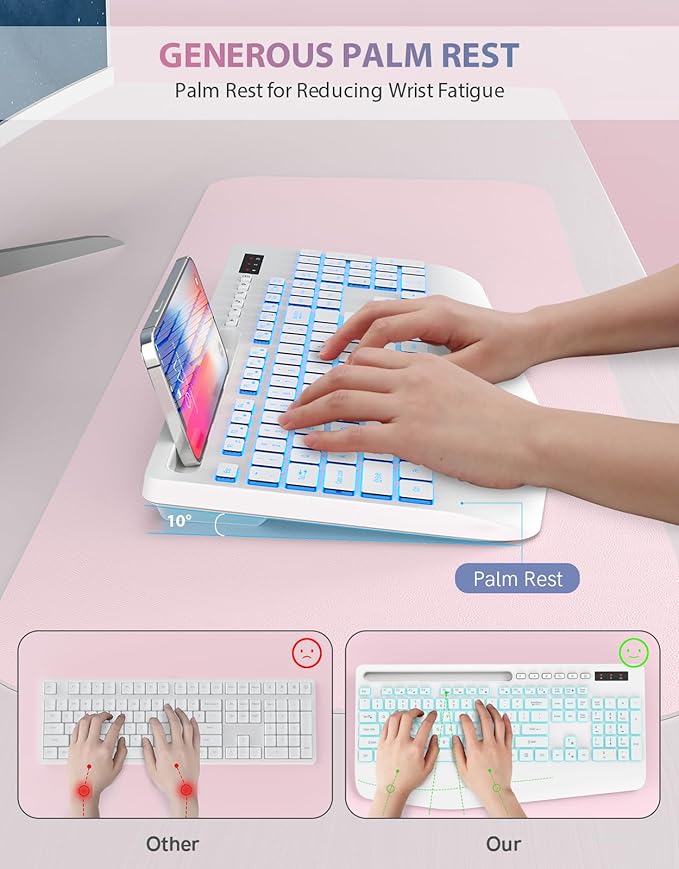 Trueque Wireless Keyboard with 7 Colored Backlits, Phone Holder, Wrist Rest, Rechargeable Ergonomic Keyboard with Silent Light Up Keys, Cordless Computer Keyboard for Windows, Mac, Laptop - (White)