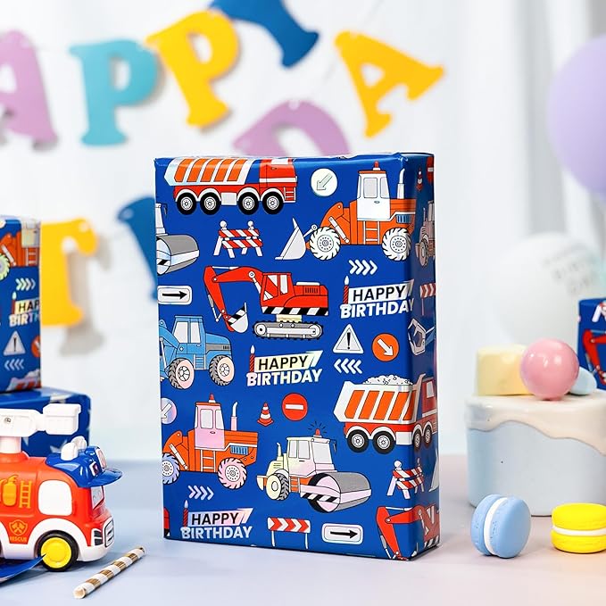 Homeral Blue Construction Truck Birthday Wrapping Paper Roll for Kids, Digger Tractor Truck with Laser Shine & Stars Reversible Gift Wrap for Boys Birthday, Baby Shower - Mini Roll - 17 Inch x 33 Feet