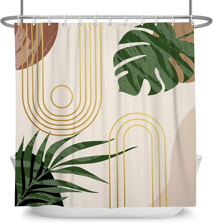 Boho Sage Green Shower Curtain Bohemian Mid Century Geometric Abstract Curve Bathroom Curtain Palm Leaf Polyester Shower Curtain Sets for Bathroom Extra Long 72x96 in with 12 Hooks